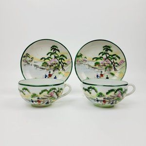 Japanese Kutani Landscape Teacups Saucers Nippon Green Trim Lake Mountain